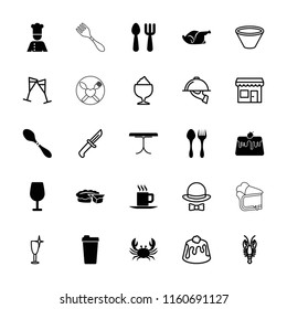 Restaurant icon. collection of 25 restaurant filled and outline icons such as crab, cocktail, chicken, chef, clean wine glass. editable restaurant icons for web and mobile.