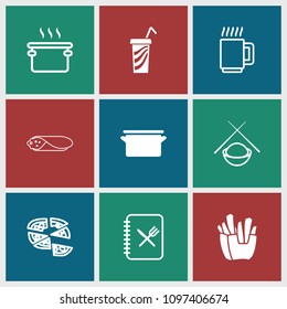 Restaurant icon. collection of 9 restaurant filled and outline icons such as french fries, pan, pizza, menu, asian food, mug. editable restaurant icons for web and mobile.