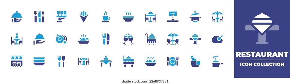 Restaurant icon collection. Duotone color. Vector illustration. Containing restaurant, cutlery, catering, french fries, java, hot food, reserved, pot, terrace, serving, plate, food, toast, food tray.