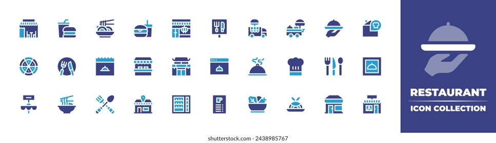 Restaurant icon collection. Duotone color. Vector and transparent illustration. Containing fast food, food truck, tray, cutlery, hot food, noodle, healthy food, restaurant, pad thai.