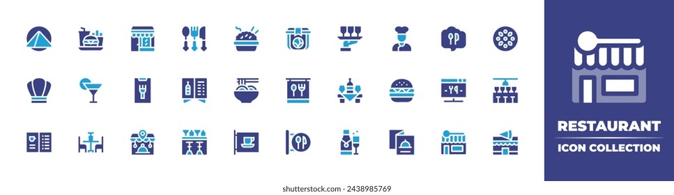 Restaurant icon collection. Duotone color. Vector and transparent illustration. Containing fast food, rice bowl, chef, cocktail, yakisoba, burguer, table, cafe, menu, restaurant, food pack, dish.