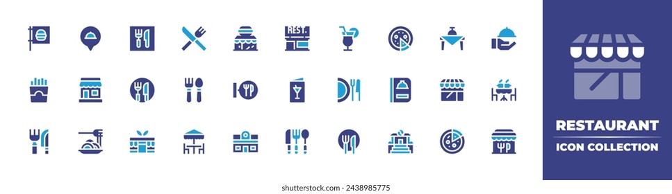 Restaurant icon collection. Duotone color. Vector and transparent illustration. Containing restaurant, cocktail, dining table, store, dish, cutlery, pasta, table, pizza, food and restaurant, menu.