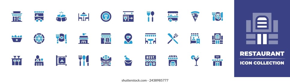 Restaurant icon collection. Duotone color. Vector and transparent illustration. Containing food cart, cutlery, table reservation, pizza, terrace, cafe, fast food, guest, restaurant building, martini.