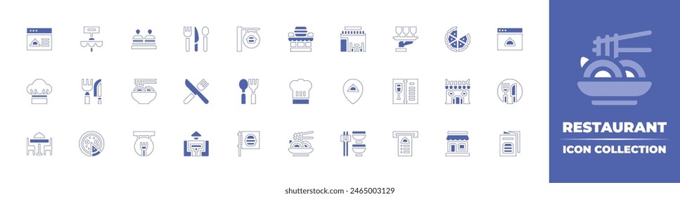 Restaurant icon collection. Duotone style line stroke and bold. Vector illustration. Containing restaurant, store, chef, pad thai, pizza, yakisoba, spoon, cutlery, asian restaurant, chef hat, flyer.