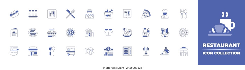 Restaurant icon collection. Duotone style line stroke and bold. Vector illustration. Containing cutlery, menu, restaurant, table, croissant, street food, pho, steak, food and restaurant, pizza.