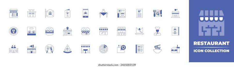 Restaurant icon collection. Duotone style line stroke and bold. Vector illustration. Containing fast food, terrace, cutlery, restaurant, noodle, pizza, chef, burguer, burger, menu, napkin, pizzeria.