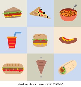 Restaurant Icon Collection, Sandwich, Pizza, Shawarma, Gyros, Burger, Drink etc. (vector Art)