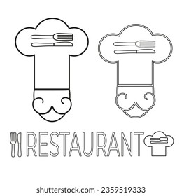 Restaurant Ikone. Design-Element, das den Hut eines Küchenchefs darstellt, mit Besteck, das einen zufriedenen Kunden symbolisiert. Symbol für Menü, Werbung.