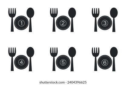 Restaurant icon, dish portion number symbol with fork, spoon and plate.