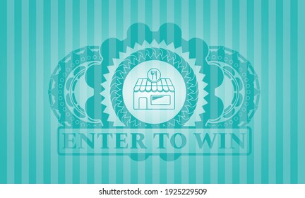 restaurant icon and Enter to win text Turquoise emblem. Bars fancy background. Illustration. 