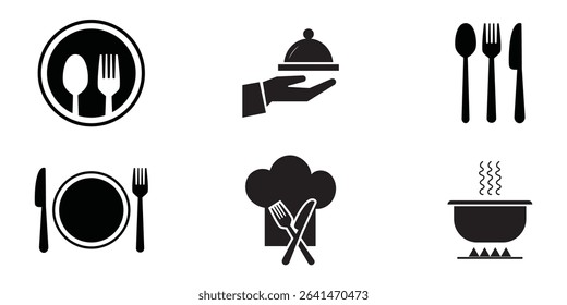 Restaurant icon. Food, plate, fork, knife, spoon, cutlery icon set. Simple Cutlery Symbol Set . Modern Cutlery and Kitchenware Icons .