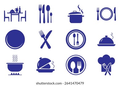 Restaurant icon. Food, plate, fork, knife, spoon, cutlery icon set. Simple Cutlery Symbol Set . Modern Cutlery and Kitchenware Icons .
