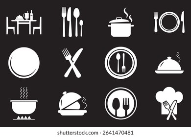 Restaurant icon. Food, plate, fork, knife, spoon, cutlery icon set. Simple Cutlery Symbol Set . Modern Cutlery and Kitchenware Icons .