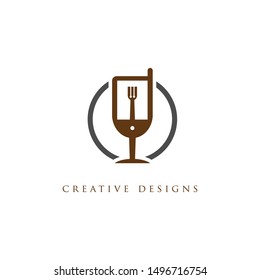 Restaurant icon. Fork, glass and phone on circle. Food and wine symbol design. Creative emblem for restaurant or wine bar.