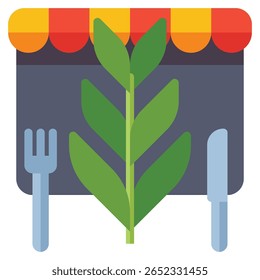 Ícone do restaurante com garfo, faca, planta e toldo em desi plano