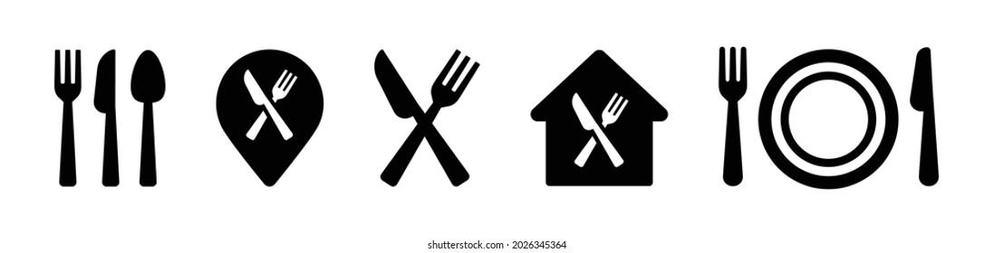 Restaurant icon. Fork, knife, spoon and plate icon set.