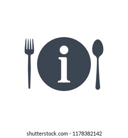 Restaurant icon, fork and spoon, plate icon with information sign. Restaurant icon and about, faq, help, hint symbol