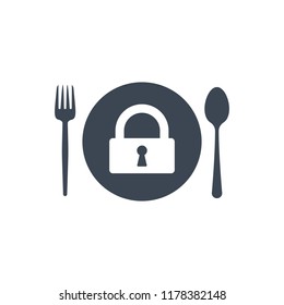 Restaurant icon, fork and spoon, plate icon with padlock sign. Restaurant icon and security, protection, privacy symbol