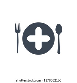 Restaurant icon, fork and spoon, plate icon with add sign. Restaurant icon and new, plus, positive symbol