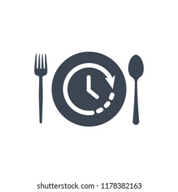 Restaurant icon, fork and spoon, plate icon with time sign. Restaurant icon and countdown, deadline, schedule, planning symbol