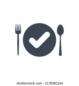 Restaurant icon, fork and spoon, plate icon with check sign. Restaurant icon and approved, confirm, done, tick, completed symbol