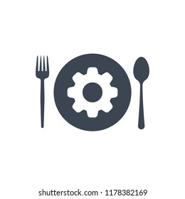Restaurant icon, fork and spoon, plate icon with settings sign. Restaurant icon and customize, setup, manage, process symbol