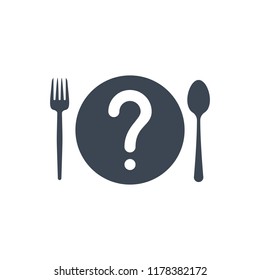 Restaurant icon, fork and spoon, plate icon with question mark. Restaurant icon and help, how to, info, query symbol