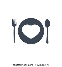 Restaurant icon, fork and spoon, plate icon with heart sign. Restaurant icon and favorite, like, love, care symbol