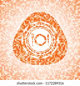 restaurant icon inside abstract emblem, orange mosaic background