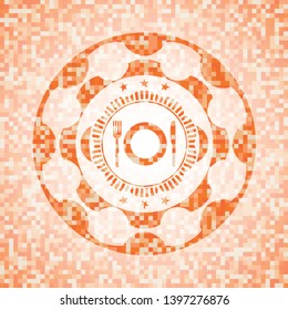 restaurant icon inside abstract emblem, orange mosaic background