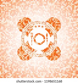 restaurant icon inside abstract orange mosaic emblem with background