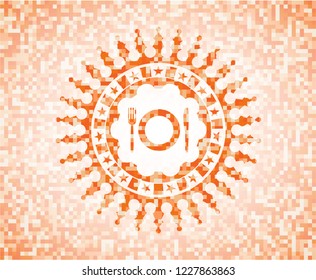 restaurant icon inside abstract orange mosaic emblem with background