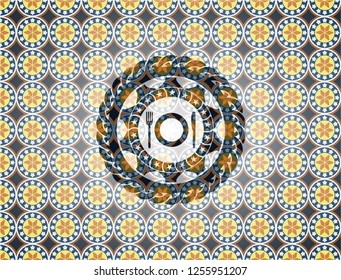 restaurant icon inside arabesque badge background. arabic decoration.