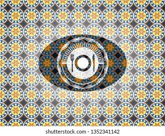 restaurant icon inside arabesque badge background. arabic decoration.