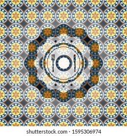 restaurant icon inside arabesque badge background. arabic decoration.