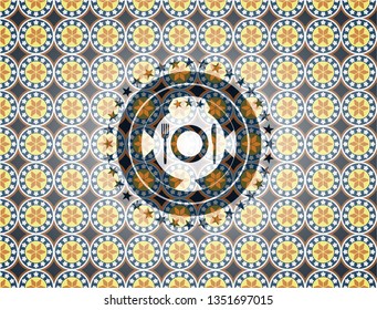 restaurant icon inside arabesque emblem. arabic decoration.