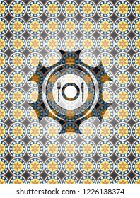 restaurant icon inside arabesque style emblem. arabic decoration.