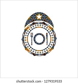 restaurant icon inside arabesque style badge. arabic decoration.