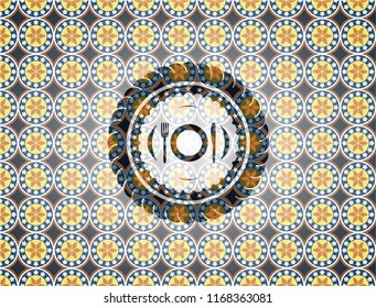 restaurant icon inside arabic badge. Arabesque decoration.