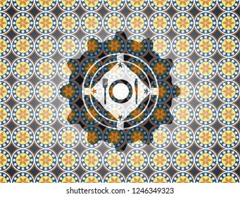 restaurant icon inside arabic badge background. Arabesque decoration.
