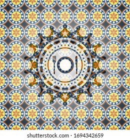 restaurant icon inside arabic badge background. Arabesque decoration.