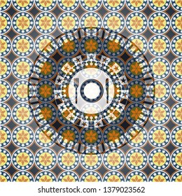 restaurant icon inside arabic style badge. Arabesque decoration.