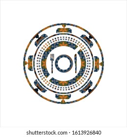 restaurant icon inside arabic style badge. Arabesque decoration.