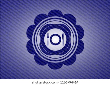 restaurant icon inside badge with denim background