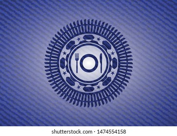 restaurant icon inside badge with jean texture