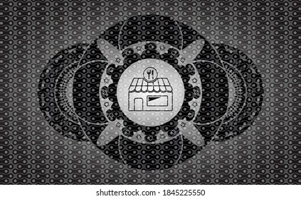 restaurant icon inside black abstract realistic badge. Pattern fashionable background. Artistic illustration. 