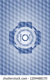 restaurant icon inside blue badge with geometric background.