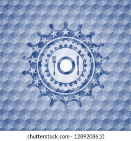 restaurant icon inside blue badge with geometric pattern background.