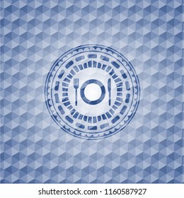 restaurant icon inside blue emblem or badge with abstract geometric polygonal pattern background.
