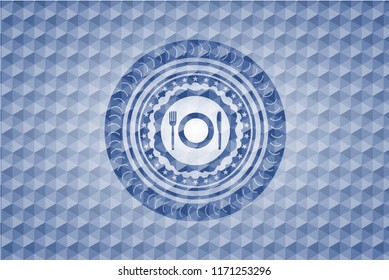 restaurant icon inside blue emblem with geometric pattern.